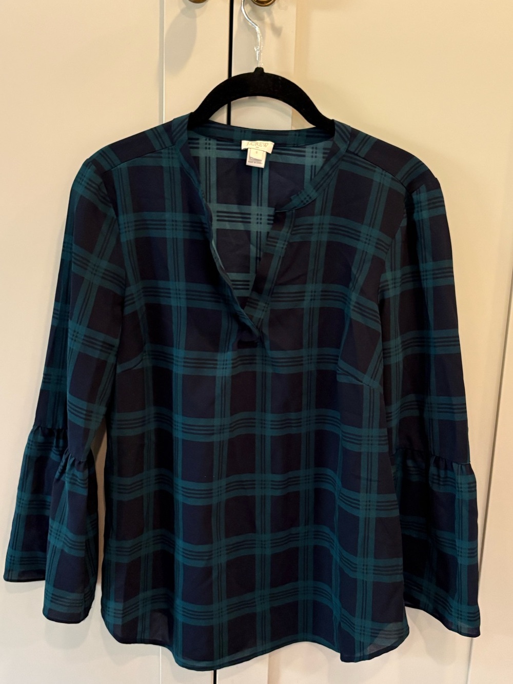 J. Crew Tartan Plaid Bell Sleeve Blouse Sz S